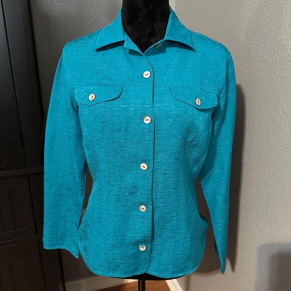Chico's Tops - Chicos Blouse Womens Size 0 U.S. Small Teal Button-Up Silk Linen Blend Shirt